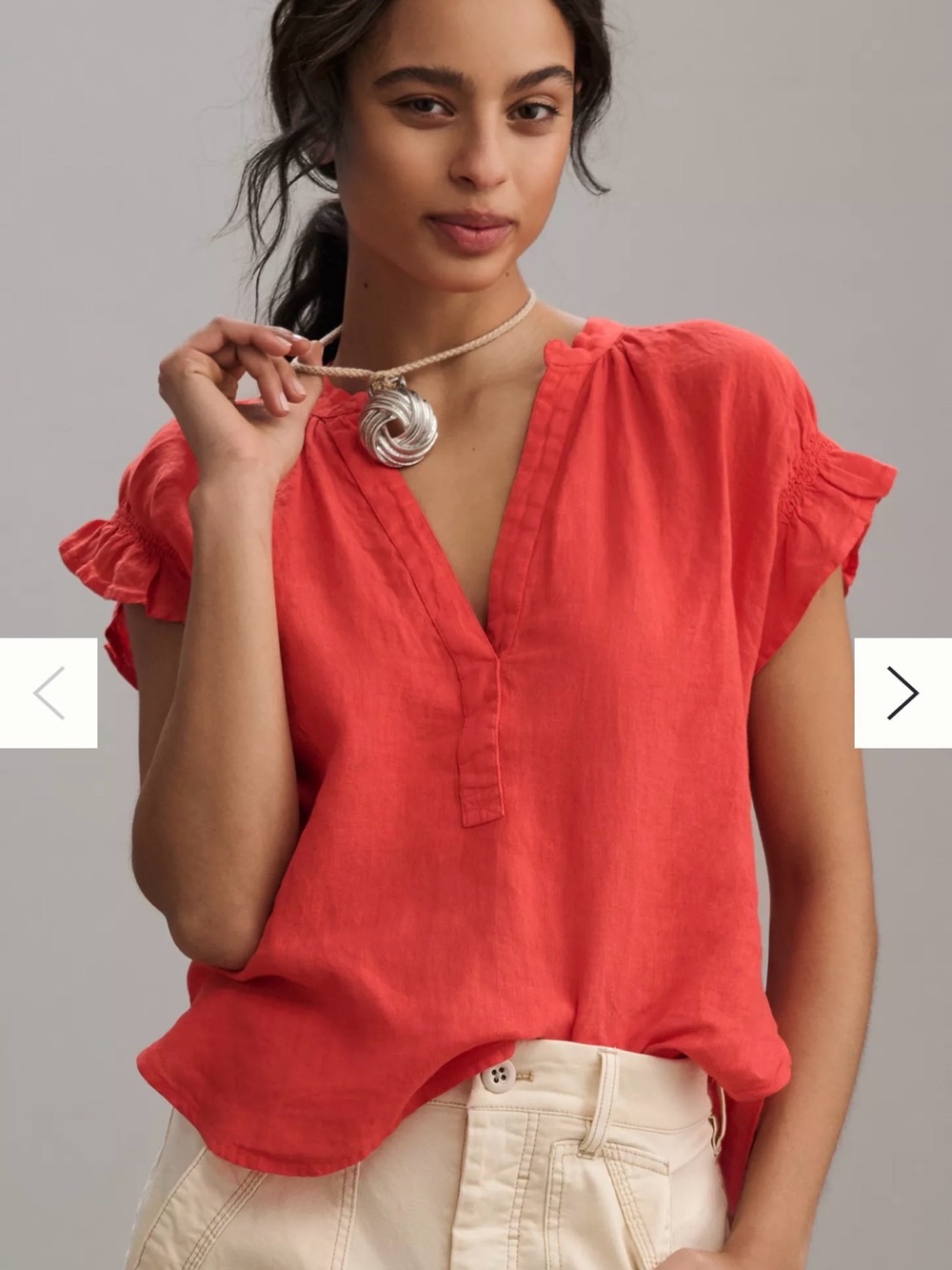 $98 Anthropologie Tatum 100% Linen Flutter-Sleeve Blouse by Pilcro Orange Small